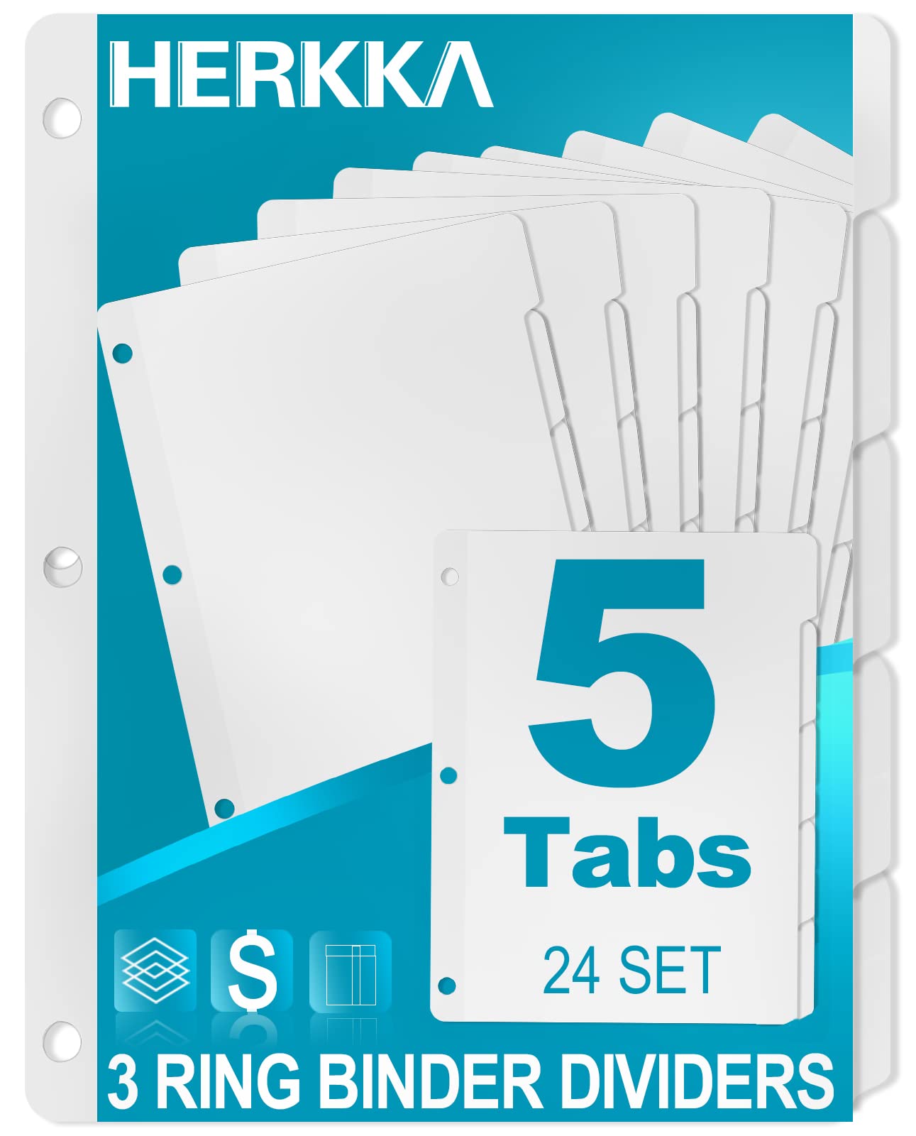 Photo 1 of 5-Tab Binder Dividers, HERKKA 3 Ring Binder Dividers with Reinforced Edge, 3 Hole Punch Section Index Dividers for Binders, 1/5-Cut Tabs, Letter Size, White, 120 Dividers