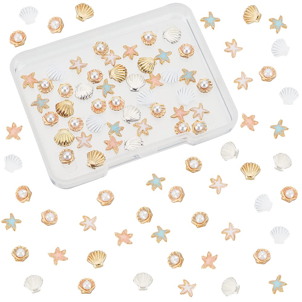 OLYCRAFT 45pcs 9 Style Starfish Shell Resin Fillers Alloy Enamel Cabochons Ocean Nail Art Decorations Summer Theme Resin Accessories for Jewelry Making Nail Art Decoration - Gold/Silver/Rose Gold