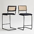 GrandNoor Natural Rattan Counter Height Stools Set of 2 withSolid Wood Back, 24 Inch Mid Century Modern CescaBar Stools, Black Upholstery Boho Stools for KitchenCounter with Black Coating Metal Legs
