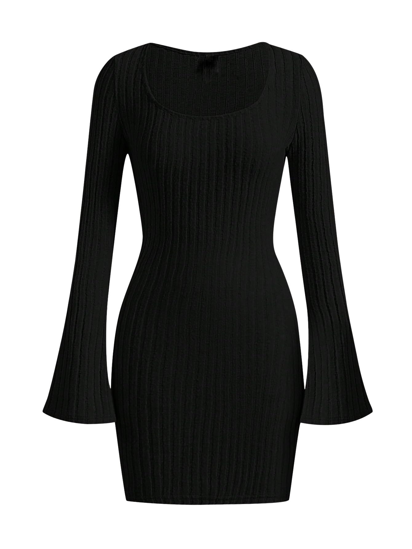 MakeMeChic Women's Square Neck Long Flare Sleeve Ribbed Knit Bodycon