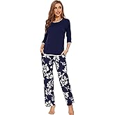 WiWi Womens 3/4 Sleeve Pajamas Set Soft Cooling Bamboo Viscose Top with Pants Sleepwear Plus Size Pjs S-4X with Pockets