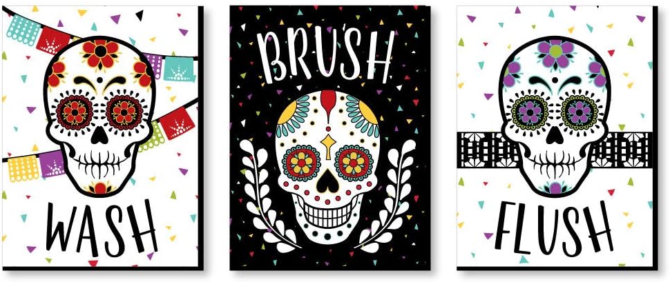 Big Dot of Happiness Sugar Skulls - Kids Bathroom Rules Wall Art - 7.5 x 10 inches - Set of 3 Signs - Wash, Brush, Flush