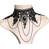 Iaceble Gothic Lace Choker Necklace Black Lace Gemstone Collar Necklace Black Teardrop Crystal Choker Necklace Punk Costume Party Necklace Halloween Jewelry for Women