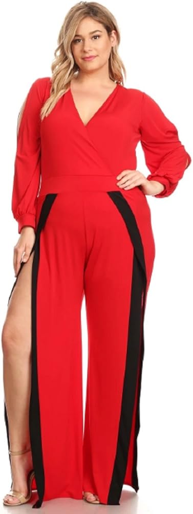 red plus size jumpsuit with sleeves