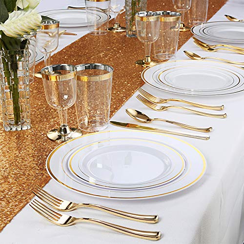 image for M MCIRCO 175 Piece Gold Dinnerware Set - 50 Gold Rim Plastic Plates - 