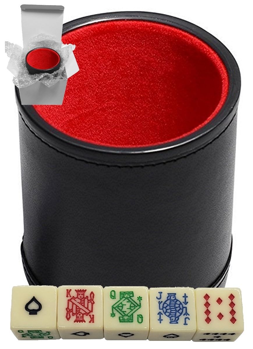 Set of Dice Cup Black PU Leather w/Plush Red Felt Lined + Poker Dice Ivory Tone Squared Corner Spades Ace (Gift Boxed) — image 1