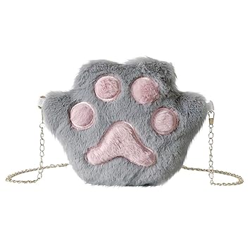 Leoie Women Soft Plush Handbag Cute Cartoon Cat Paw Single Shoulder Bag Shoulder Crossbody Bags Light Grey