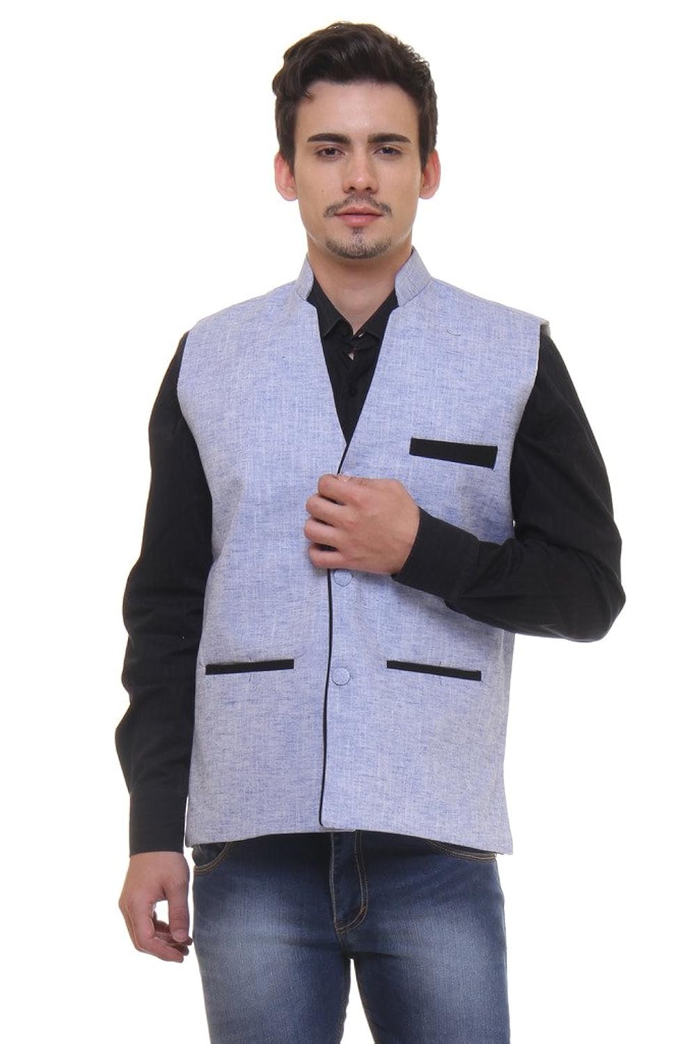 routeen blue casual formal v neck waistcoat linen jackets for men