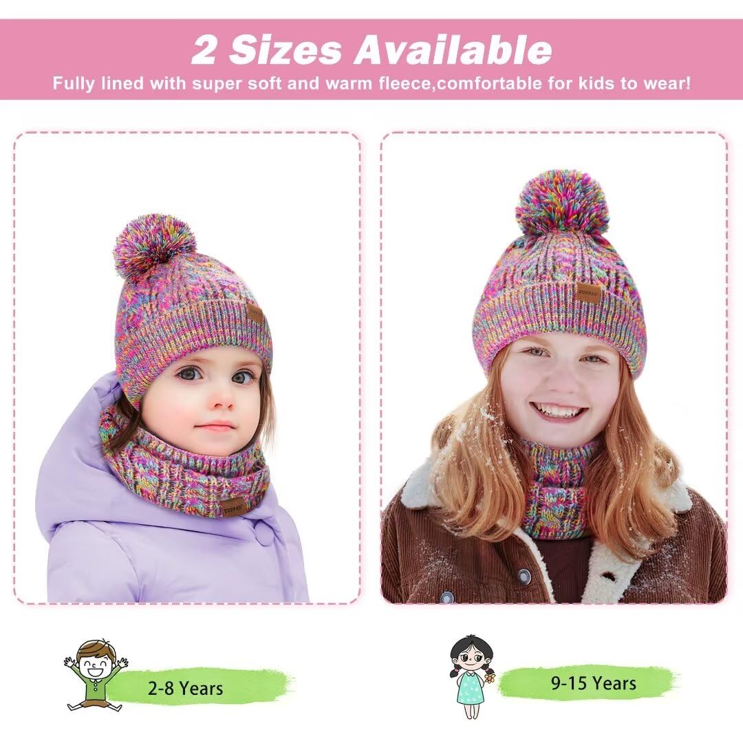 Kids Winter Hat Gloves Scarf Set,Girls Toddler Children Hats Beanie with Pom Knit Neck Warmer Gaiter Mittens Fleece Lined Set