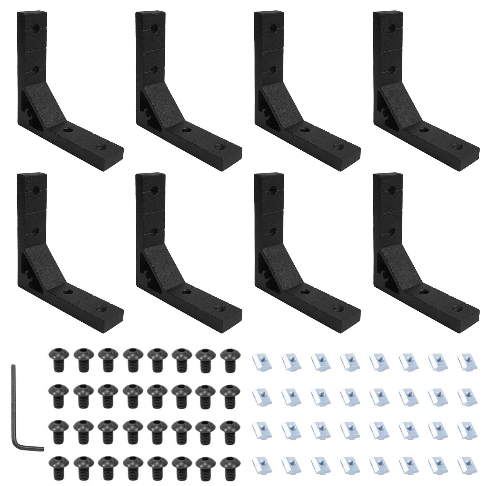 8Pcs 2020 Black Corner Brackets Set with 32Pcs M5 T Slot Nuts, 32Pcs M5x12mm Hex Socket Cap Screw and 1Pcs M3 Wrench for 2020 Series Aluminum Extrusion Profile