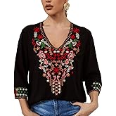 AK Women's Boho Embroidered Tops 3/4 Sleeve Mexican Peasant Shirts Bohemian Loose Tunic Blouses