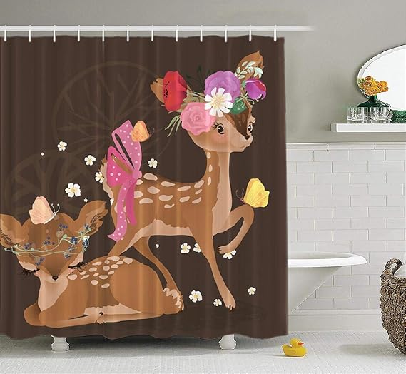 Whimsical Shower Curtain,Ansote Cute Woodland Forest Animal Deer with