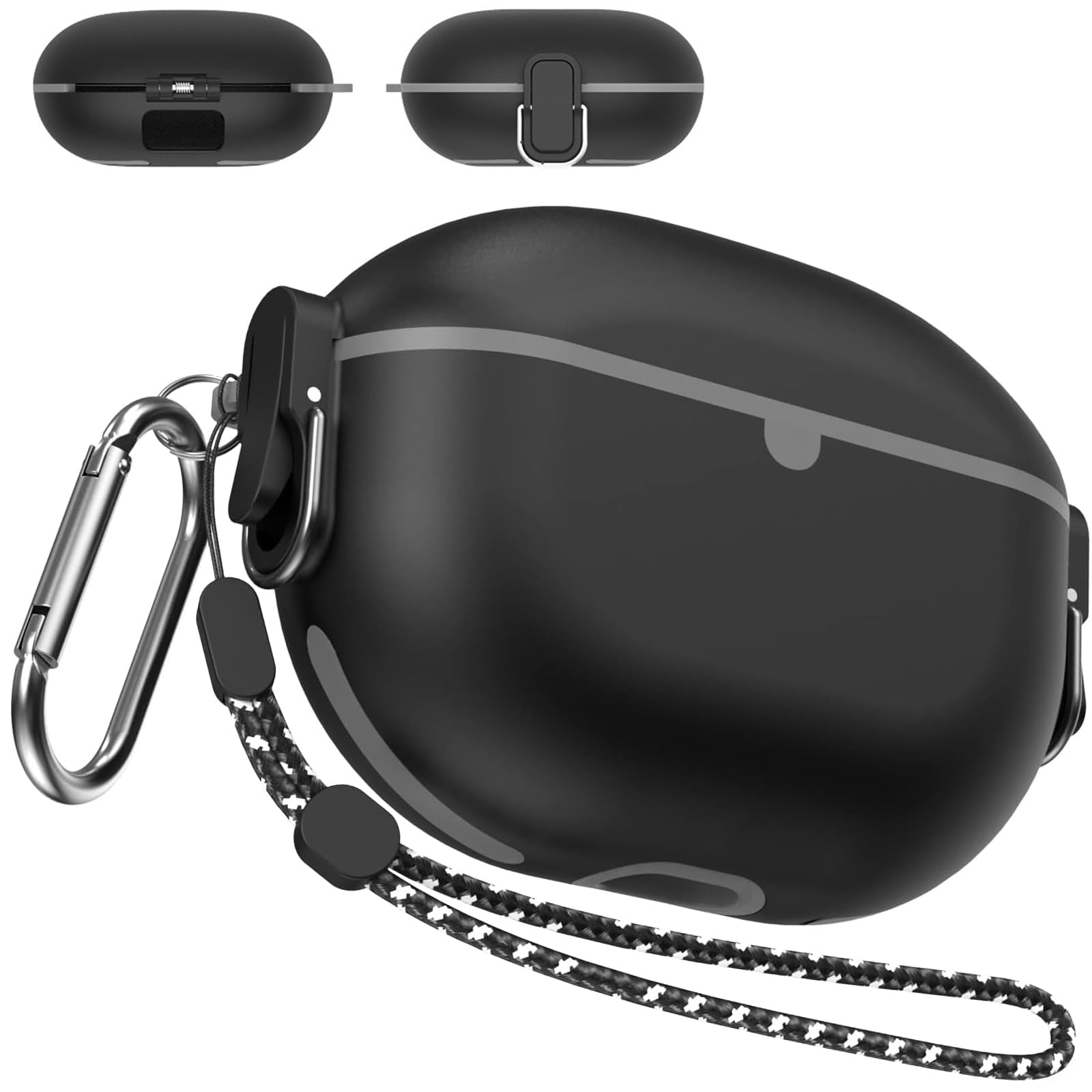 Miimall Compatible with Beats Studio Buds + /Beats Studio Buds Case, [Secure Metal Lock Switch] [Carabiner] [Lanyard] Silicone Shockproof Anti-scratch Protective Cover for Beats Studio Buds (Black)