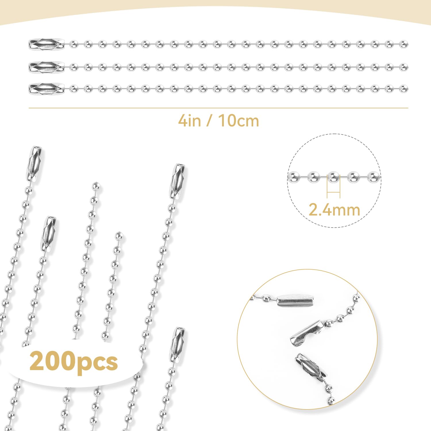 Yuntop 200 Pcs Silver 3.9 Inch / 10 cm Stainless Steel Ball Bead Chain with Locking Clasp for Jewelry Making, DIY Crafts, Hanging Christmas Decoration