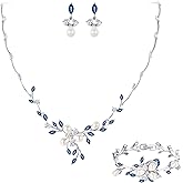 EVER FAITH Marquise CZ Simulated Pearl Bridal Flower Leaf Filigree Necklace Earrings Bracelet Set