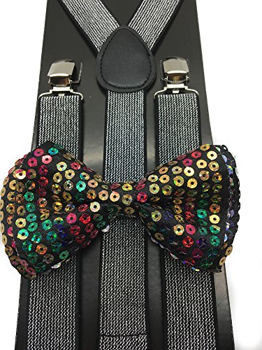 Mens & Women Wedding Accessories Rainbow Sequin Adjustable Bow Tie Silver & Glitter Suspenders