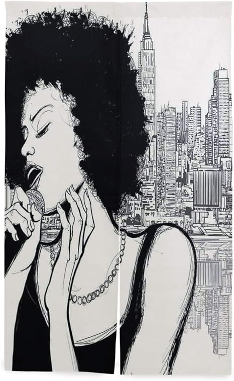 Amazon Patinisa 間仕切りカーテン ニューヨークマンハッタンのイラストの前を実行するアメリカンジャズミュージックガール おしゃれ 間仕切り遮光 飾り付け 装飾 玄関 キッチン リビング 店 出入り口 突っ張り棒付き 86 143cm のれん オンライン通販