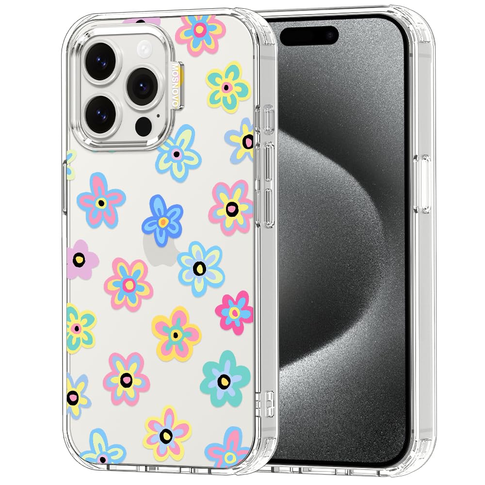 MOSNOVO Case for iPhone 15 Pro Max, [Buffertech 6.6ft Military-Grade Drop Protection] [Anti Peel Off Tech] Clear TPU Bumper Phone Case Cover Design - Groovy Flower — image 1