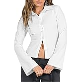 ECHOINE Women Button Down Shirts Long Sleeves Slim Fitted Casual Collared Blouses Work Striped Tops