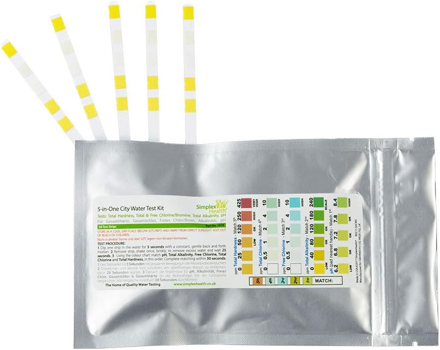 SimplexHealth City Water Test Kit 5-in-1 pH, Chlorine, Hardness Strips