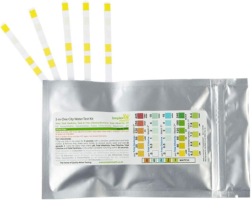 SimplexHealth City Water Test Kit 5-in-1 pH, Chlorine, Hardness Strips