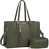 LOVEVOOK Laptop Bag for Women - 15.6 inch Lightweight PU Laptop Tote, Large Capacity Computer Bag with Clutch Purse for Business, Work, Travel, School, Casual (Olive Green, 15.6 Inch)