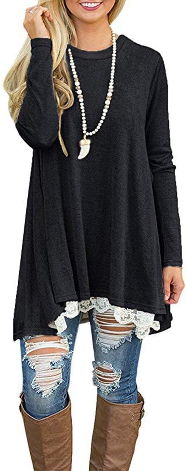 Womens Lace Casual Long Sleeve Tunic Tops Loose Blouse T Shirt
