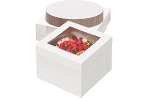 40Pcs 12x12x8 Inch Cake Boxes Set, (20Pcs Boxes+20Pcs Boards), White Tall Cardboard Containers for Multi-Layer Desserts, Perf