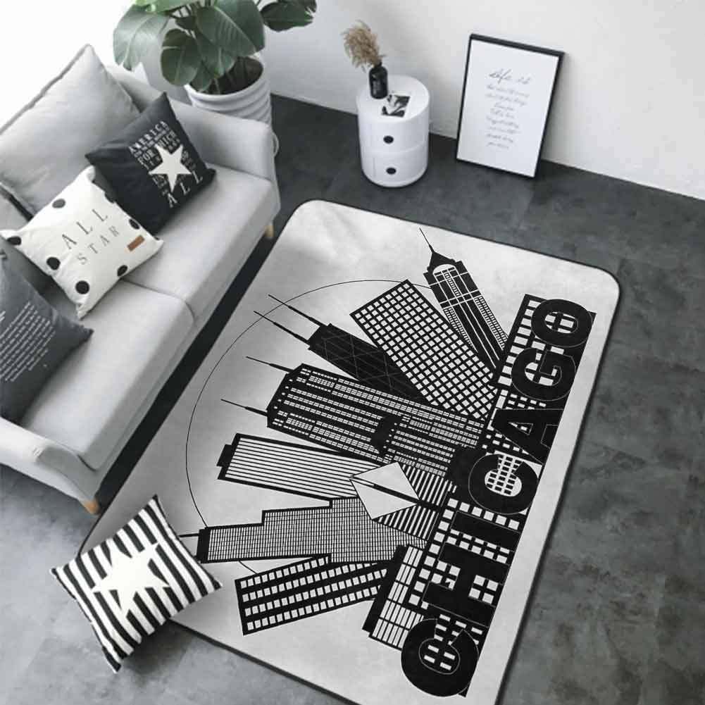 Dining Table Rugs Chicago Skyline,Circle City Landscape Office Buildings North American Memories Print,Black and White 36"x 60" Custom fit Floor mats