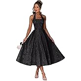 EBAKUS Jacquard Satin Prom Dresses 2026 with Bow A-line Midi Halter Square Neck Formal Party Gowns with Pockets
