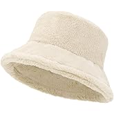 Women Plush Fluffy Bucket Hat Warm Lining Winter Faux Fur Cozy Wide Brim Winter