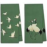 XBBMGG Emerald Green Japanese Crane Kitchen Towels Set of 2, Vintage White Crane Bird Dish Hand Tea Towels, Bird Lover Gifts Decorative Towels for Bathroom Kitchen, 16x24 Inch