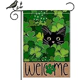 GEEORY St Patricks Day Cat Shamrocks Garden Flag 12 x 18 Inch, Green Clovers Double Sided Decorative Flag For Outside Yard Lawn Outdoor Decoration GB089-12
