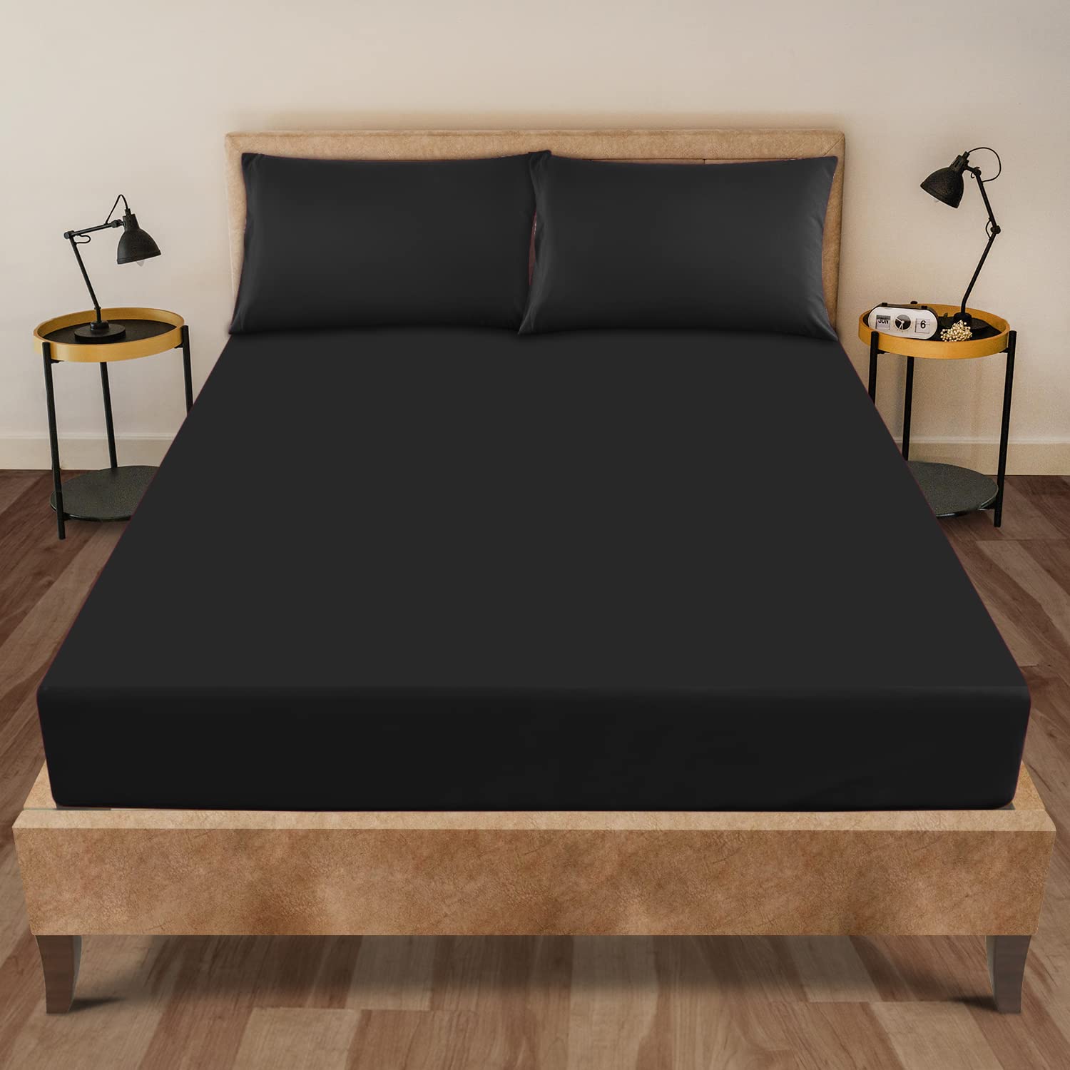 GC GAVENO CAVAILIA Luxury Polycotton, Easy Care Flat, Soft & Cosy Bedsheet OR Pillowcases, Linen, Black-Fitted Sheet, Double