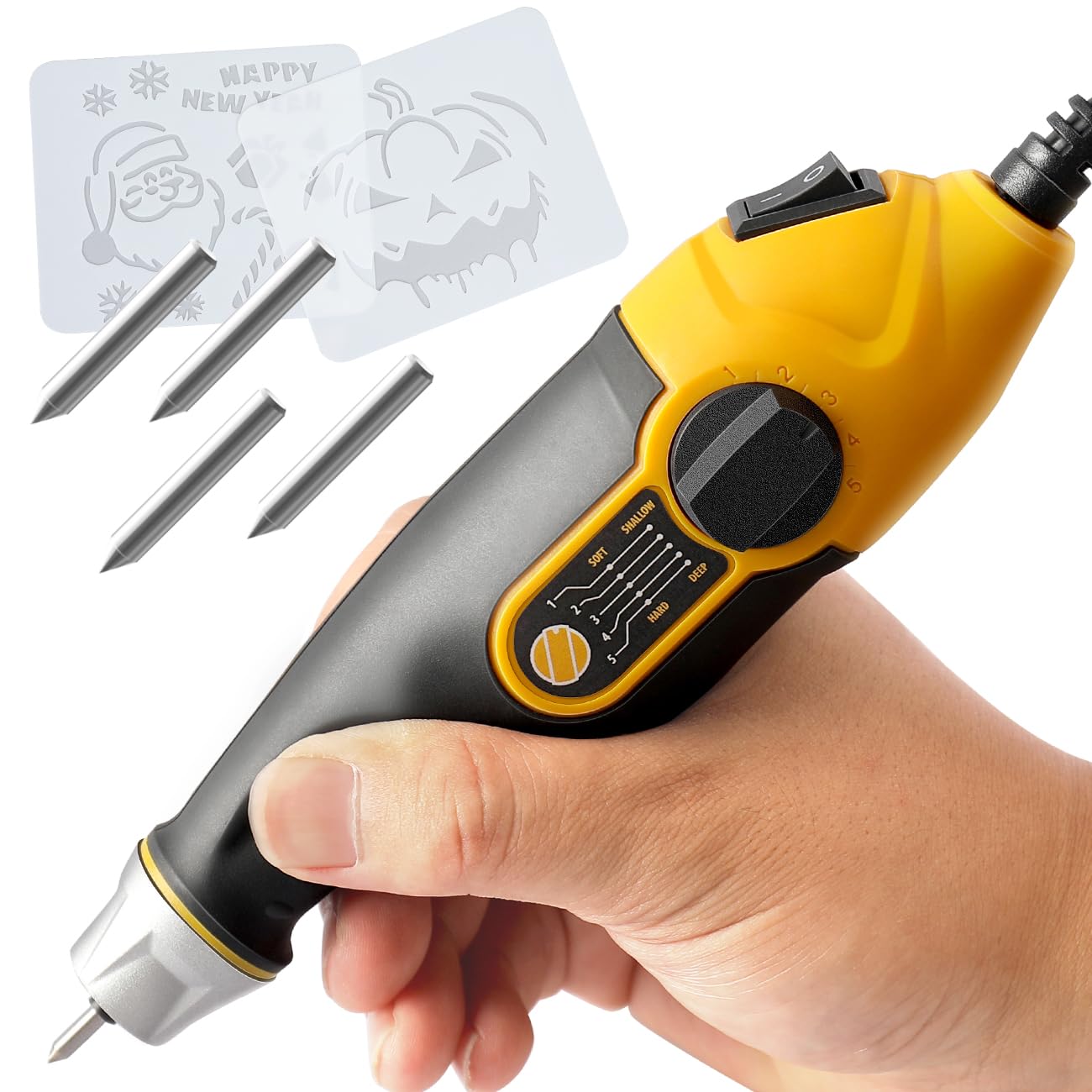 UTOOL Engraving Pen with Letter/Number Stencil, 24 W Handheld Etching Tool for Wood, Metal, Glass, Engraving with 4 Interchangeable Tungsten Carbide Steel Bits Includes Halloween Stencil Christmas