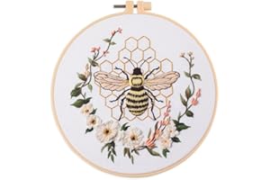 Amiiba Embroidery Starter Kit with Floral Wreath Bee Pattern, DIY Full Range Stamped Embroidery Cross Stitch Kits for Beginne