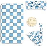 TANOFAR 4-Pack Newborn Swaddle Blanket for Baby Girls & Boys, Ultra Soft Receiving Blankets with Matching Headband and Beanie Set Baby Nursery Swaddle Wrap (Blue Checkerboard)
