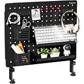 PEGZONE Clamp on Desk Pegboard, 20.4" x 16.5", with 15 Accessories, Black | Magnetic Metal Peg Board, Desk Organizer for Office Gaming Home, Privacy Panel, Large