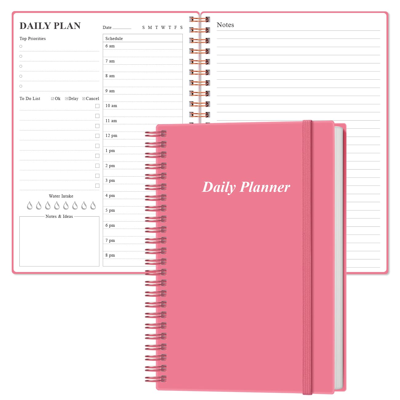 Daily Planner Undated - A5 To Do List Notebook Hourly Schedules, Spiral Appointment Planner for Women and Men, PVC Hardcover, Inner Pocket, Elastic Closure, 5.8" x 8.5", Pink โ image 1