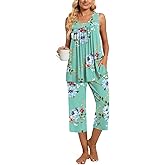 TAOHUADAO Womens Summer 2 Piece Pajama Sets, Sleeveless Tops with Capri Pants, Lounge Ladies Pjs Sets with Pockets