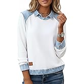 Akivide Women's Denim Patchwork Lapel Collar Long Sleeve Top Casual Loose 2 in 1 Work Layered Pullover Shirt Sweatshirt