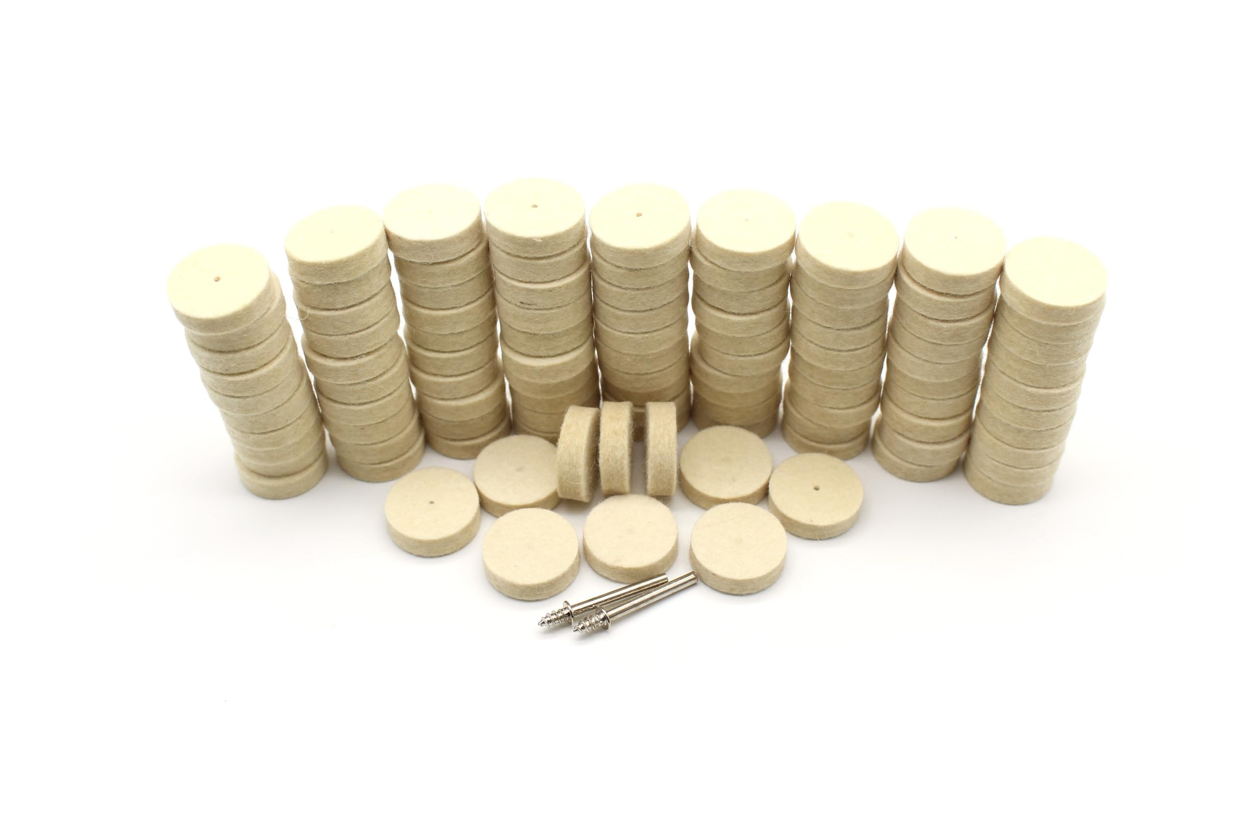 TEMO 100p Felt Polishing Wool Bob Burr 1 inch (25mm) Diameter 1/4 inch (6mm) High Wheel #429 with 2 Screw Mandrel 401 1/8 inch (3mm) Shank for Dremel and Compatible Rotary Tool