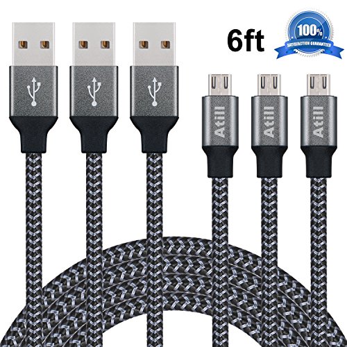 Atill Micro USB Cable 3 Pack 6ft Nylon Braided Sync and Charging Cord for Samsung, Nexus, LG, HTC, Motorola, Android Smartphones and More - Black