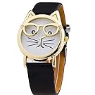 WANGSAURA® [2016 New Release] Fashion Glasses Cat Watch Leather Strap Watch Women Wristwatch Dress Watches Quartz Watch