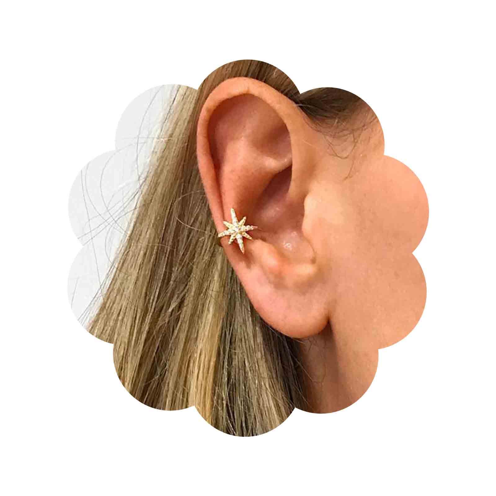 Yheakne Boho Northstar Ear Cuffs - Gold Starburst Cuff Wrap Earrings with CZ Pave Star - Cartilage Cuff Earrings - Tiny Non-Pierced Clip Ons - Women & Girls