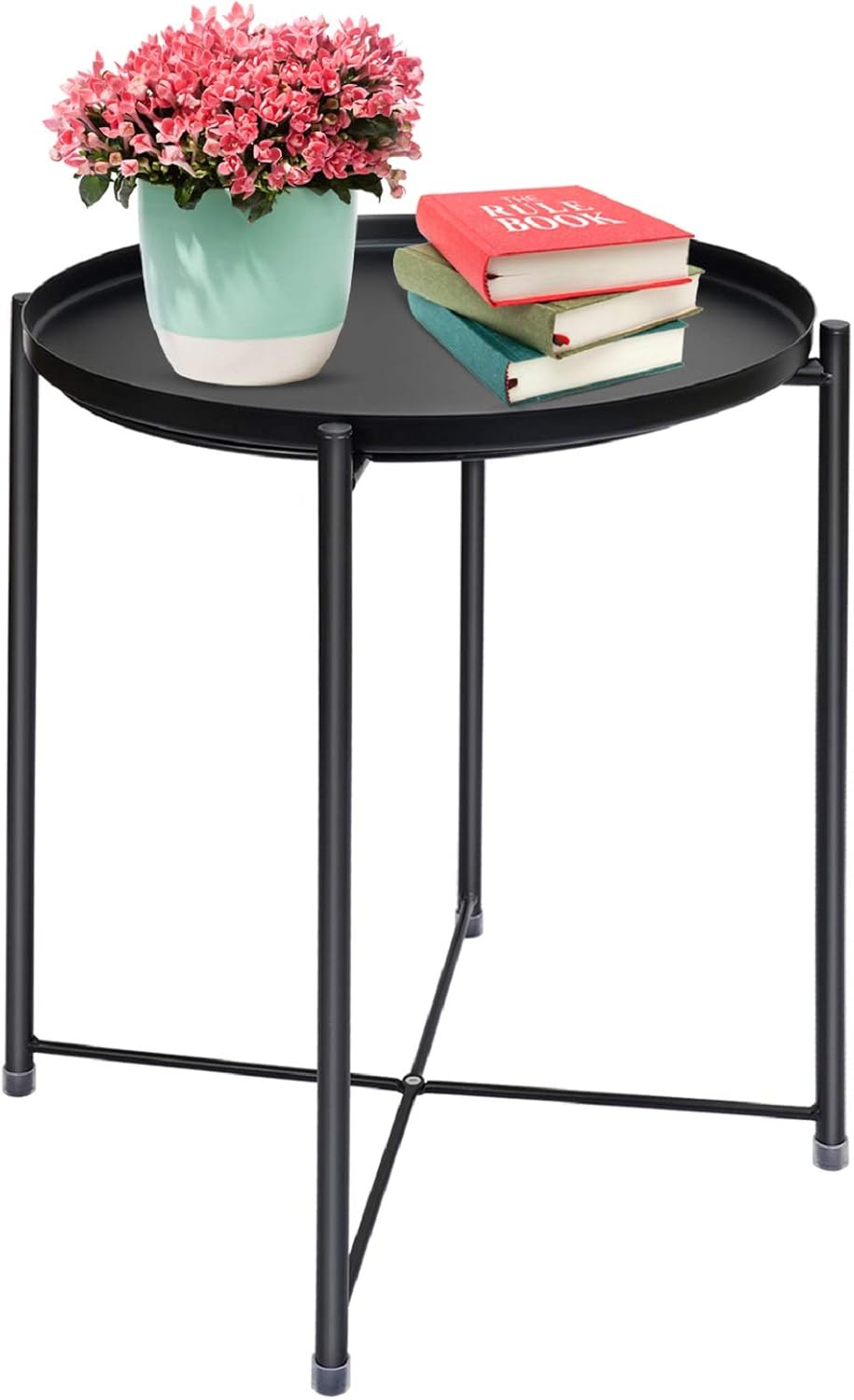 Ulrikenly End Table, Metal Waterproof End Table, Snack and Coffee Table, Potted Table, Round Side Table, Foldable Small Sofa Table with Removable Tray for Living Room Bedroom Balcony and Office