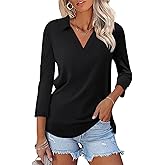 TICTICMISS Womens V Neck Polo Shirts 3/4 Sleeve Collared Tops Business Casual Summer Tops Trendy Loose