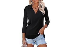 TICTICMISS Womens V Neck Polo Shirts 3/4 Sleeve Collared Tops Business Casual Summer Tops Trendy Loose