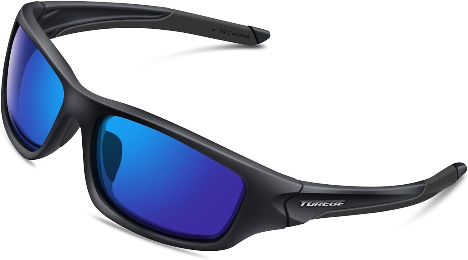 TOREGE Polarized Sports Sunglasses for Men Women for Cycling Running Fishing Golf TR90 Unbreakable Frame TR010-1 (Black&Black Tips& Blue Lens) : Clothing
