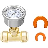 Solimeta Push-to-Connect 2” Liquid Filled Pressure Gauge, 3/4 inch Pressure Gauge Tee